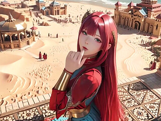 Red Queen in the Desert! Lazy Afternoon in the Golden Palace, Backless Dress slightly damp.