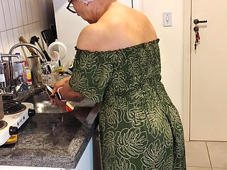 87-year-old Grandma in Her Kitchen and Her Perverted Grandson Looking Under Her Dress