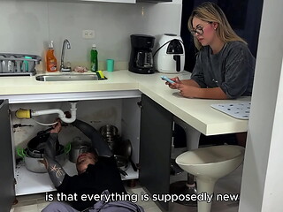 The plumber fucks me hard while my cuckold boyfriend calls me - JULIANA ROSE