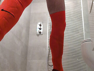 Teasing out cum with tight, cotton socks as gloves