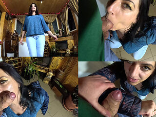 Cameltoe MILF Twerks in Jeans - Blowjob & Cum All Over My Puffy Jacket