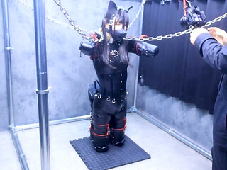Kneeling Bondage with Latex Binding, Chain Binding