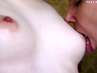 Close-up, big tits, tits licking, tongue nipple play
