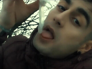 Licking Used Cum Filled Condom Outdoor