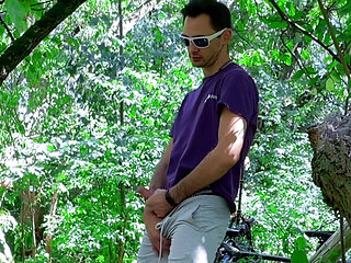 Guy jerking off dick and seducing a passerby in the woods and get a juicy dick in her mouth