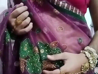 Indian Gay Crossdresser Bottom Gaurisissy Pressing and Playing with Her Big Boobs in Purple Saree with Heavy Jwellery