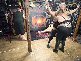 Part 3:- Lanista Bear and Domina Satana does a double Domme session with Peaches in the dungeon