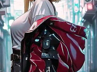 Red Leather Jacket Glistening Under Neon Rain, Kneeling Pose That Breaks the Armor