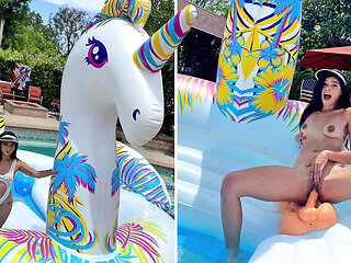 Busty Hot Brunette Harley Haze Masturbates On Giant Unicorn Float