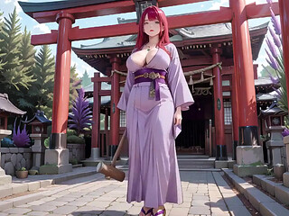 Red-haired Kimono Goddess! Kneeling Under the Sacred Torii Gate, She Adjusts Her Soaked Backless Outfit with a Shy Gaze.