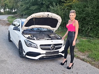 Sexy stepmom cheats on her husband in public parking lot