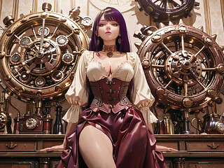 Steam-punk Stunner in White! Kneeling Under Giant Gears