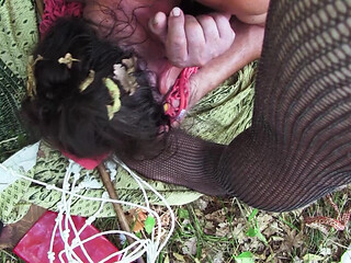 Young sadist whips an old pig tied up in the woods