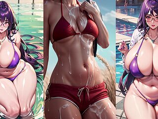 Swimsuit babes flaunting their huge tits by the poolside