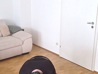 Bondage Slave rides a 22 cm dildo and deepthroats afterwards