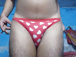 Horny Indian Teen Femboy Wearing His Step Sister's Bra and Panties While Jerking His Phimosis Cock