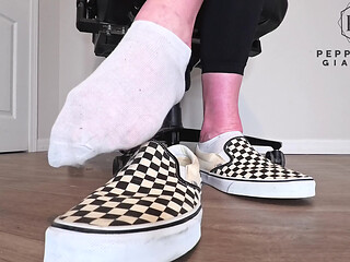 Sneaky Office Foot Tease in Checkerboard Vans - Toe-only Strip & Intense Barefoot Play POV