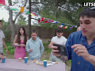 Curvy Brunette Gets Pounded on a Picnic Table... Whole Party Watches