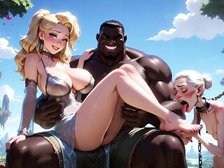 Old granny humiliated licking young woman's feet on strong muscular black