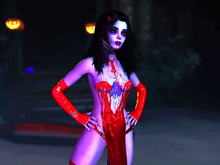 Young vampire girl in red dress beckons her prey with dance and sexy body