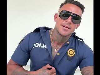 A man in police officer cosplay jerks off