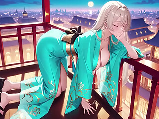Blonde in a Green Kimono! Lazy Terrace Reading, Off-Shoulder Design is Too Sinful!