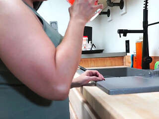 Hilarious wife gets her huge natural tits out while trying to help clean
