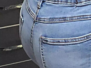 Step mom without panties under jeans in frot of step son