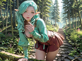 Forest Fantasy! Green-haired Mage & Blue Elf in a Private Walk, Kneeling under dappled sunlight with teasing wands.