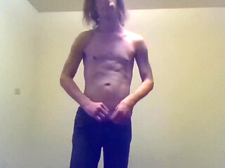 Transgirl Pre-op Topless in Only Jeans, Aroused  Self-photography Posing