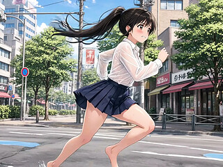Running down a bustling street, exposing her huge breasts beneath her clothes