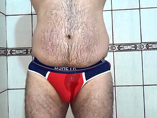 Masturbarbate Using Red Jock at Shower