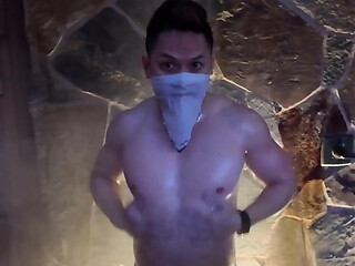 Naked Asian Muscle Hunk Dawn Outdoor Shower Flex - Thick Biceps, 6-pack Abs, V-taper Back & Big Cumshot