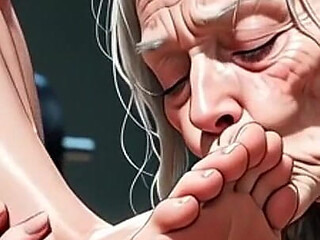 Elderly Granny Worshipping Muscular Domme Feet in Gym
