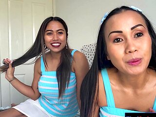 Asian lesbian MILF babes strapon fucking