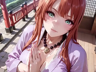 AI- Red-haired Kimono Goddess! Kneeling under the sacred Torii gate, she adjusts her soaked backless outfit with a shy gaze. Watch as liquid drips down her collarbone in this intimate shrine fantasy.