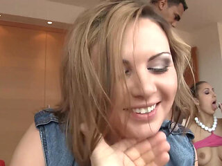 Three lovely babes get fucked by a few horny guys