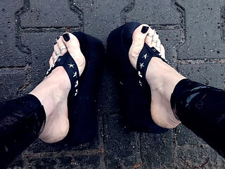wet feet, platform thongs and latex leggings - public crossdressing