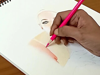 Erotic Art Or Drawing Portrait of Angela White as Sexy Desi Wife Sucking A Big White Dick