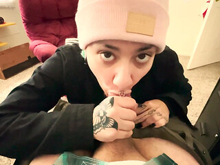 Sucking Cock Swallowing Massive Load While Daddy Works