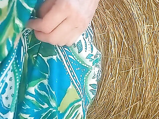 In the countryside: hay bale and red pussy