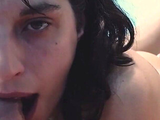 She Sucks His Cock and Subdues Him with Her Tongue, He Cums in Her Mouth, and She Savors His Cum.