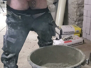 Spraying mortar construction site