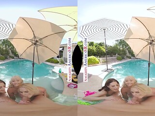 Hotty blondes and sexy VR chick swallow your cock in poolside fun