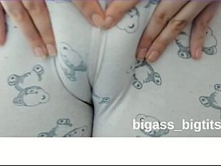 Curvy MILF shows off her camel toe in pajamas while masturbating