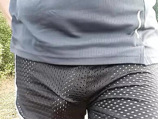 Big dick keeps falling out of tiny see through mesh shorts .. VERY public nudity and extreme commando freeballing