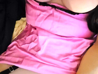 Tgirl stroking in pink nightie