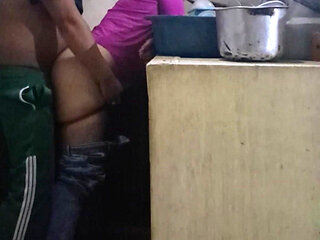 Maid Fucked When Washing the Dishes, We Almost Got Caught by My Wife