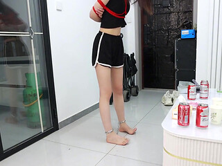 His Girlfriend, with Her Hands Bound and Wearing Ankle Cuffs, Explored the Room Blindfolded