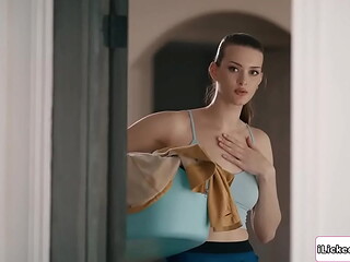 Lesbian couple invite brunette housekeeper to have threesome